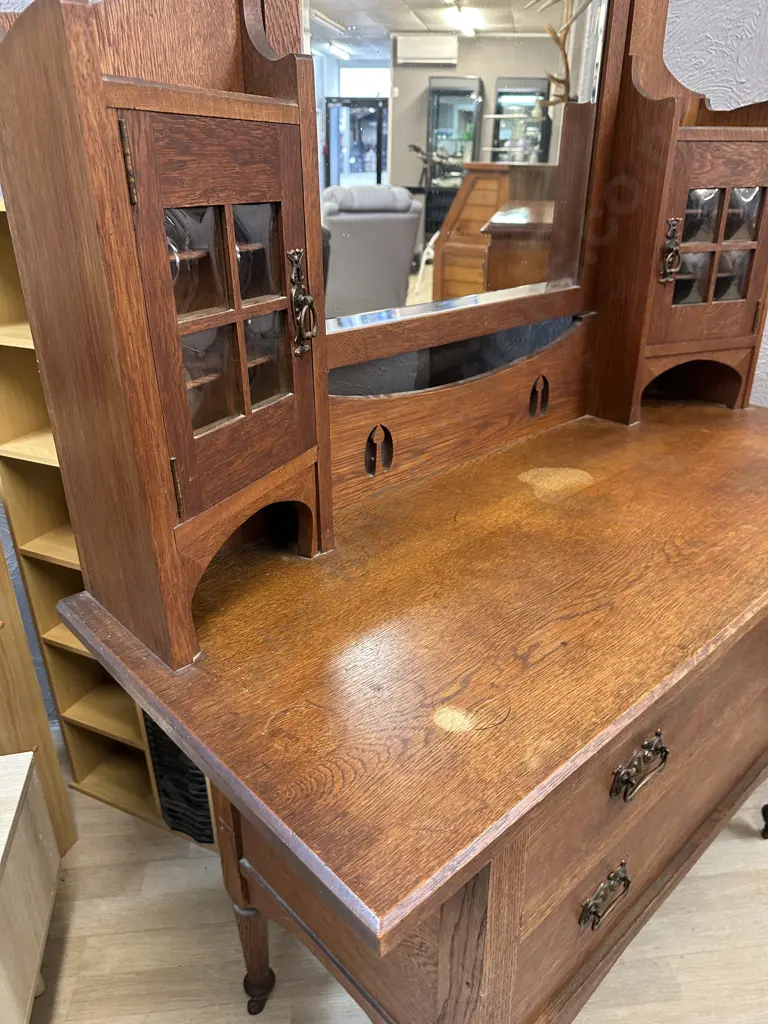 Antique Oak Arts & Craft Dressing Table, Concave Glass Panels, Original Metal Castors, 2 Door, 2 Drawer. H181 W123 D50cm Image 1++