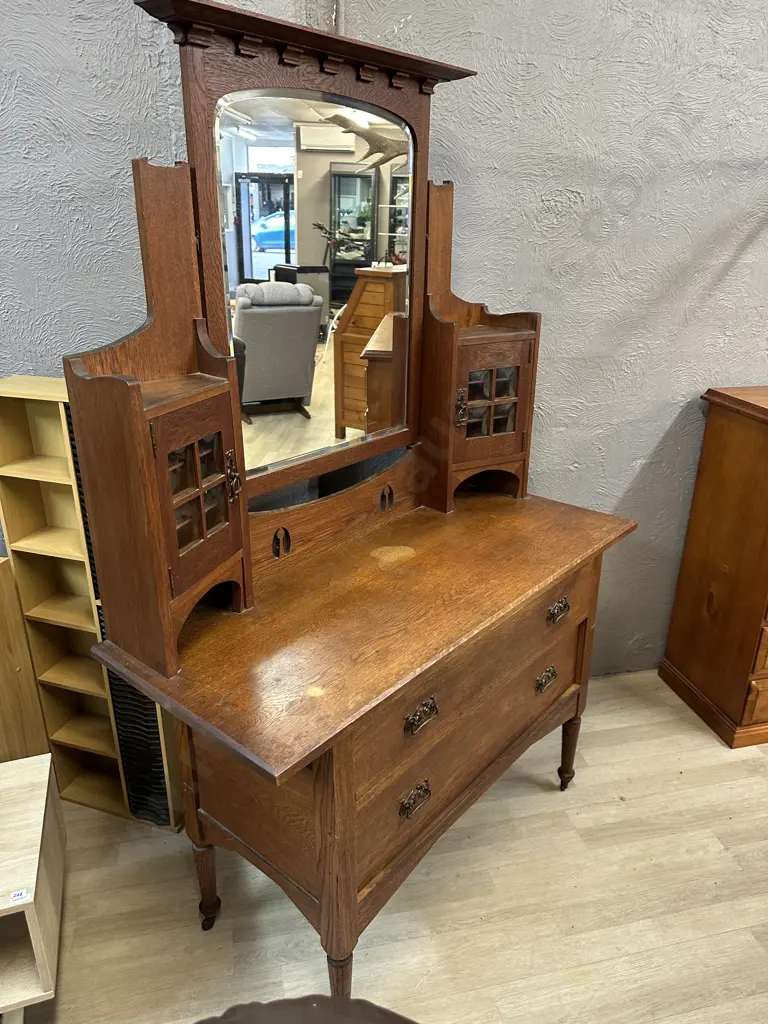 Antique Oak Arts & Craft Dressing Table, Concave Glass Panels, Original Metal Castors, 2 Door, 2 Drawer. H181 W123 D50cm Image 1++