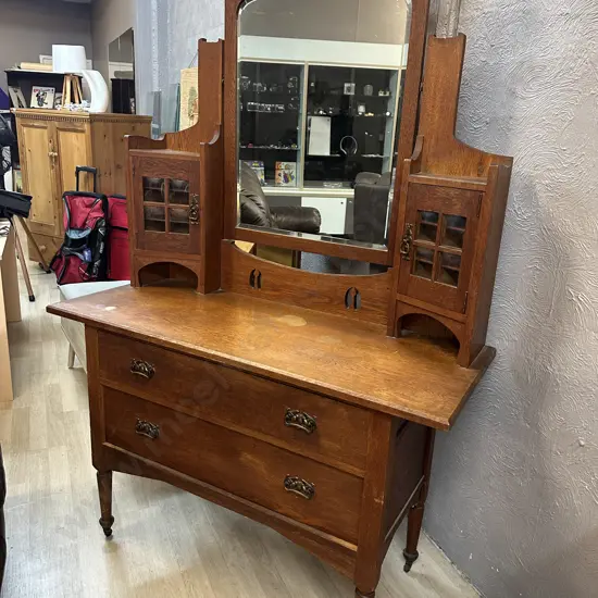 Antique Oak Arts & Craft Dressing Table, Concave Glass Panels, Original Metal Castors, 2 Door, 2 Drawer. H181 W123 D50cm