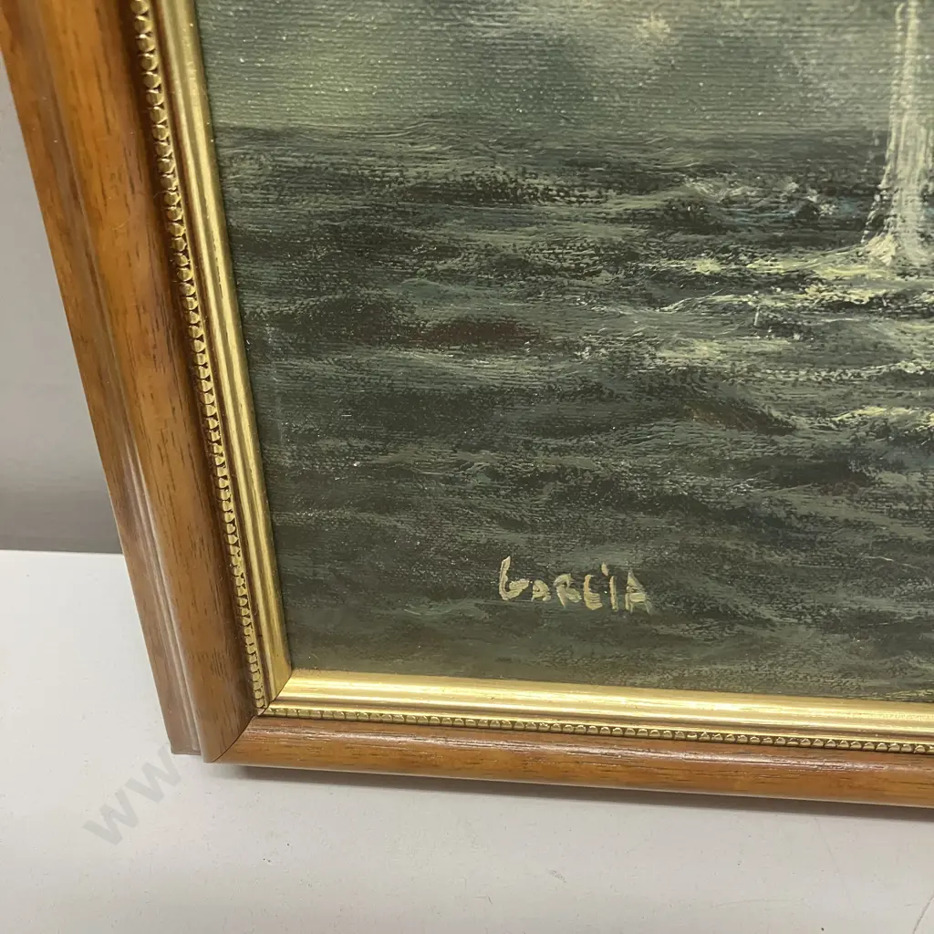 Framed Oil Painting Signed Garcia Of Galleons Sea Battle. 57 x 67cm Image 1++