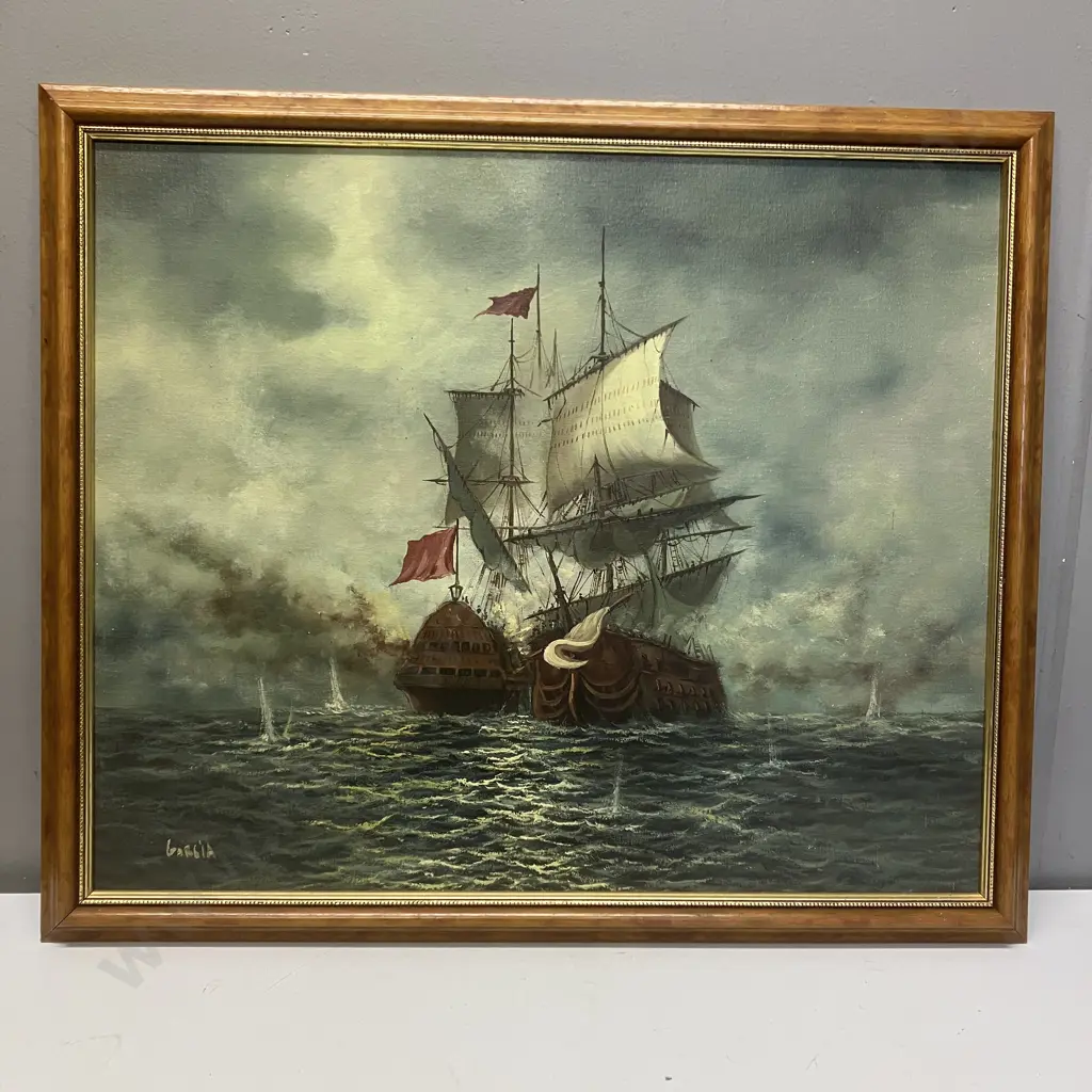 Framed Oil Painting Signed Garcia Of Galleons Sea Battle. 57 x 67cm Image 1++
