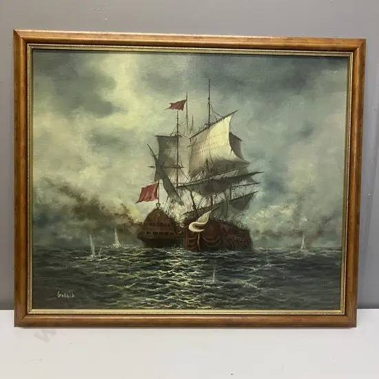 Framed Oil Painting Signed Garcia Of Galleons Sea Battle. 57 x 67cm