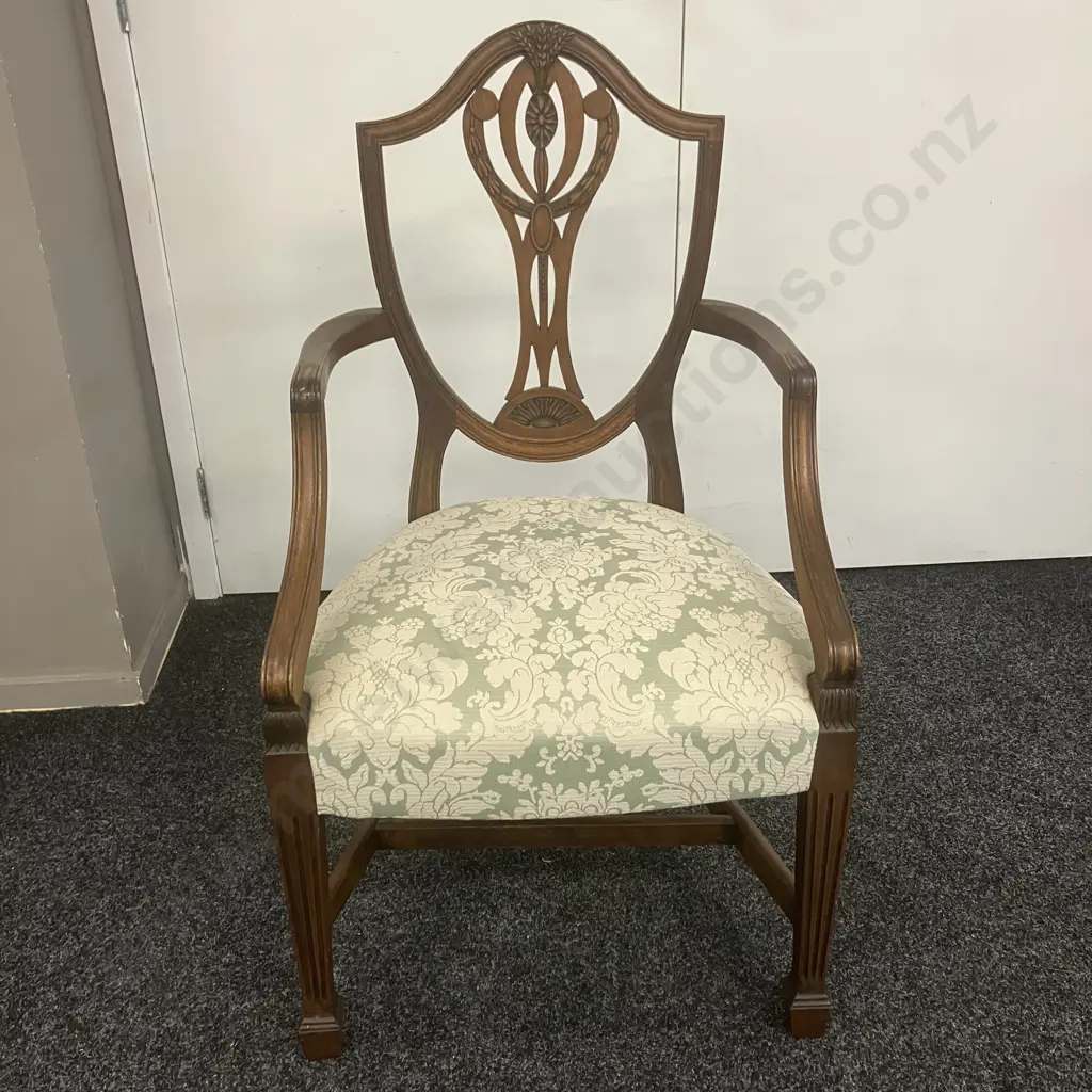 Hepplewhite Style Elbow Chair, Shield Shaped Back, Floral Pale Green Upholstered Seat, Square Tapered Legs Image 1++