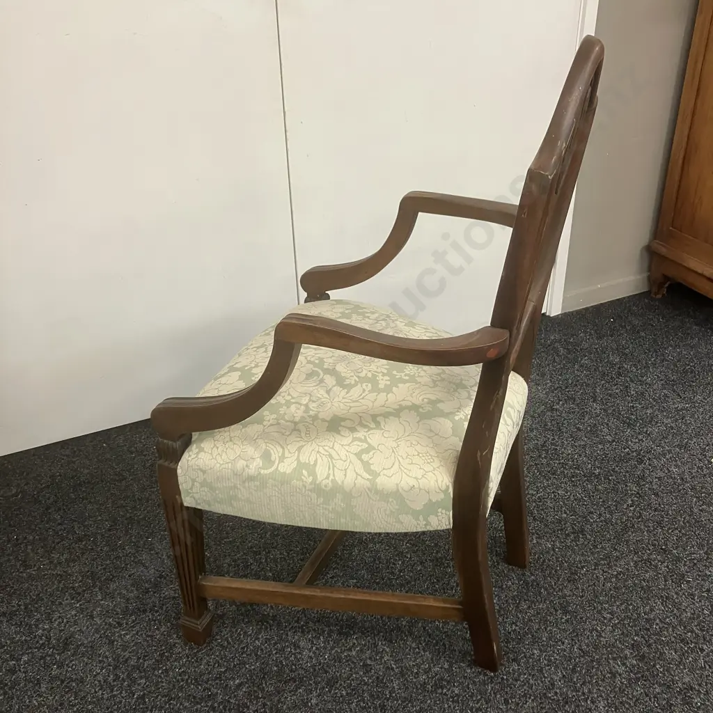 Hepplewhite Style Elbow Chair, Shield Shaped Back, Floral Pale Green Upholstered Seat, Square Tapered Legs Image 1++