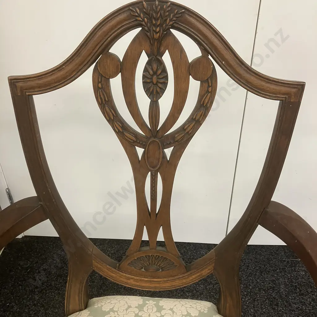 Hepplewhite Style Elbow Chair, Shield Shaped Back, Floral Pale Green Upholstered Seat, Square Tapered Legs Image 1++