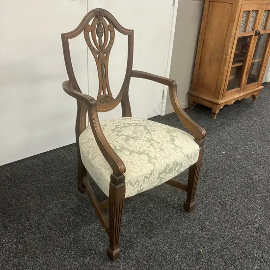 Hepplewhite Style Elbow Chair, Shield Shaped Back, Floral Pale Green Upholstered Seat, Square Tapered Legs