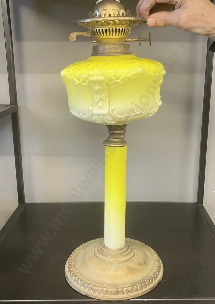 Antique Victorian Duplex Twin Burner Oil Lamp With Yellow Milk Glass Reservoir & Heavy Brass Base. H48cm (As Found) Image 1++