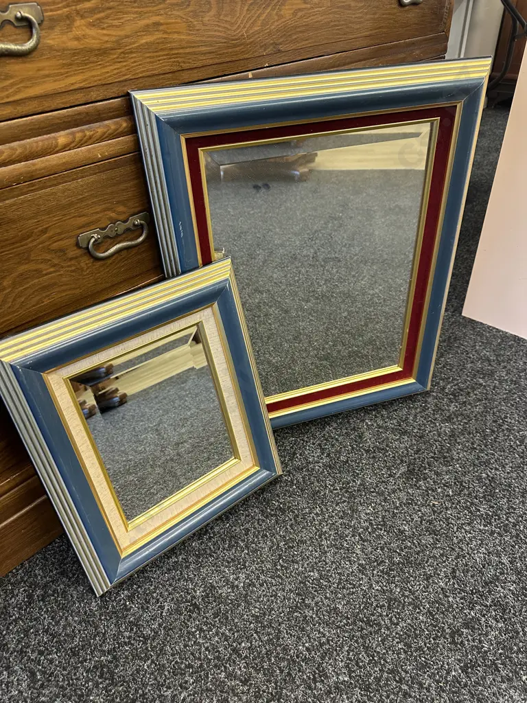  Mirrors x2 Blue / Gilt Framed Bevelled Edge 40x34,60x50cm. Image 1++