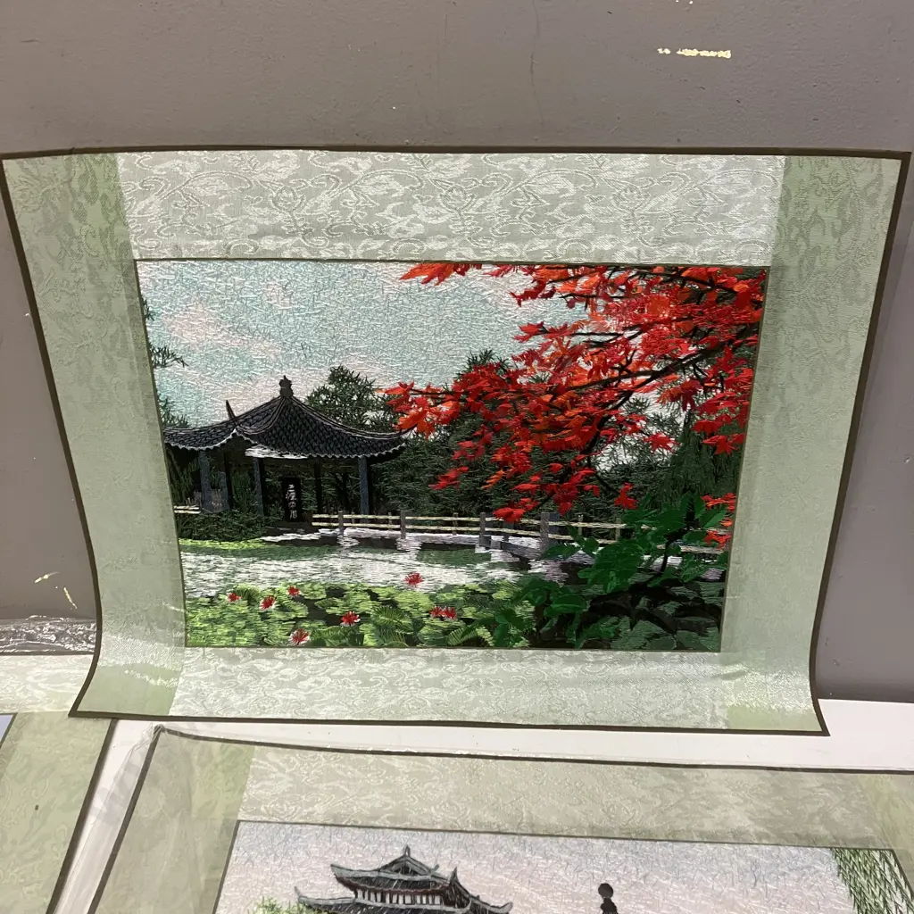 Wall Art - Chinese Silk Embroidered Koi Carp With Pair of Pagoda Scenes. 39 x 49cm Image 1++