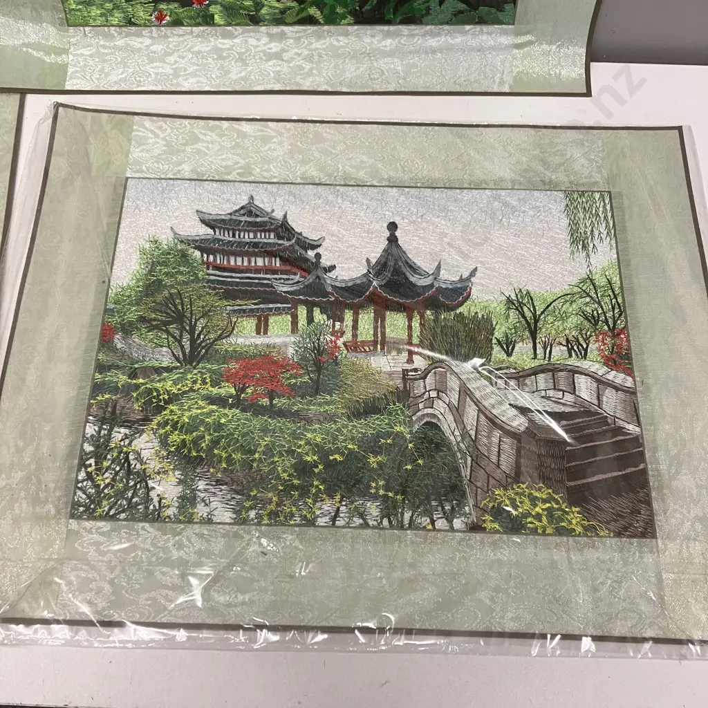 Wall Art - Chinese Silk Embroidered Koi Carp With Pair of Pagoda Scenes. 39 x 49cm Image 1++