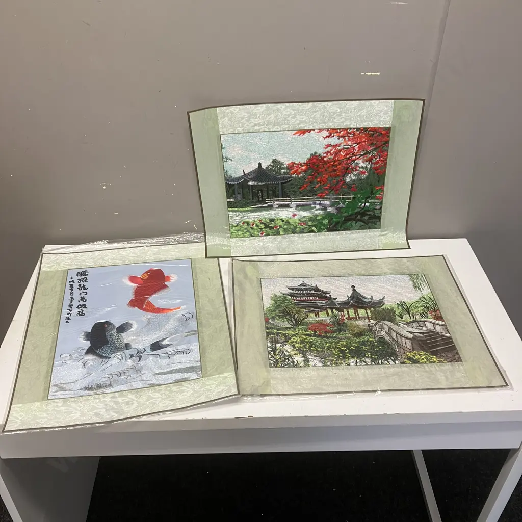 Wall Art - Chinese Silk Embroidered Koi Carp With Pair of Pagoda Scenes. 39 x 49cm Image 1++