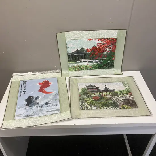 Wall Art - Chinese Silk Embroidered Koi Carp With Pair of Pagoda Scenes. 39 x 49cm