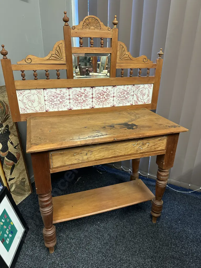Antique Victorian Kauri Wash Stand, Tiles & Bevelled Mirror In Carved Upstand, Single Drawer. H131 W101 D44cm Image 1++