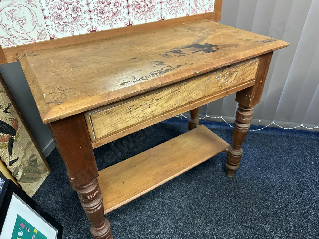 Antique Victorian Kauri Wash Stand, Tiles & Bevelled Mirror In Carved Upstand, Single Drawer. H131 W101 D44cm Image 1++