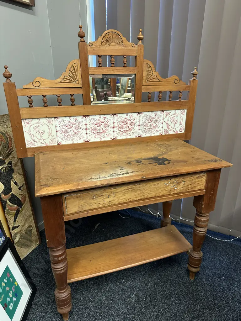 Antique Victorian Kauri Wash Stand, Tiles & Bevelled Mirror In Carved Upstand, Single Drawer. H131 W101 D44cm Image 1++