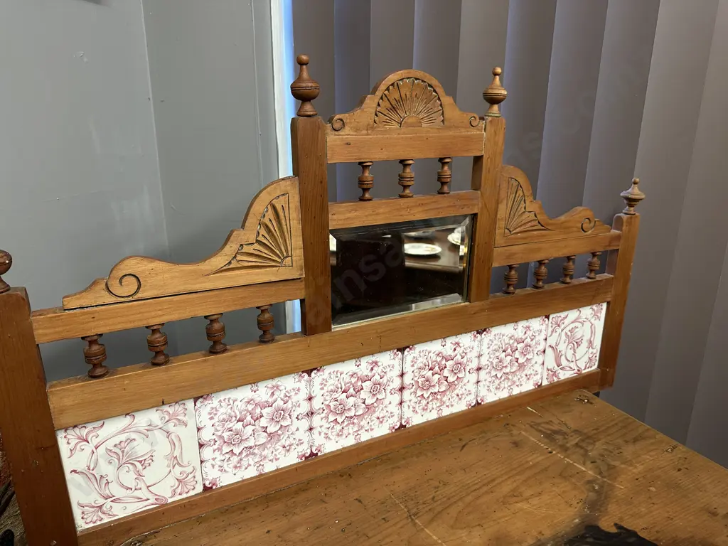 Antique Victorian Kauri Wash Stand, Tiles & Bevelled Mirror In Carved Upstand, Single Drawer. H131 W101 D44cm Image 1++