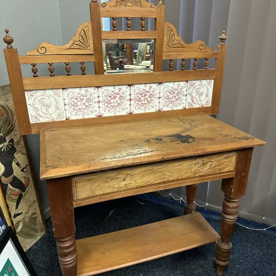 Antique Victorian Kauri Wash Stand, Tiles & Bevelled Mirror In Carved Upstand, Single Drawer. H131 W101 D44cm