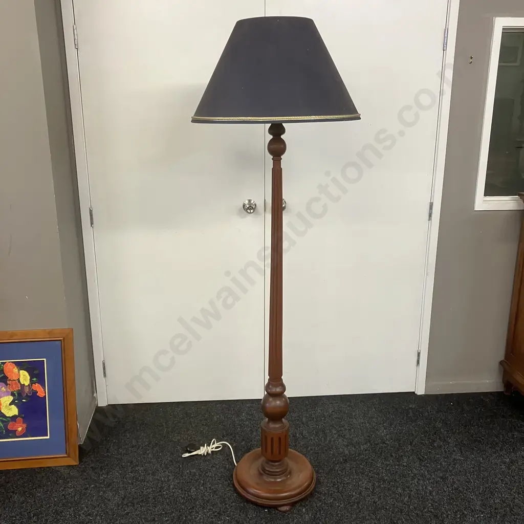 Mahogany Floor Lamp, Turned With Round Base & Pad Feet, Blue Shade With Gold Braid. H1.8m Image 1++