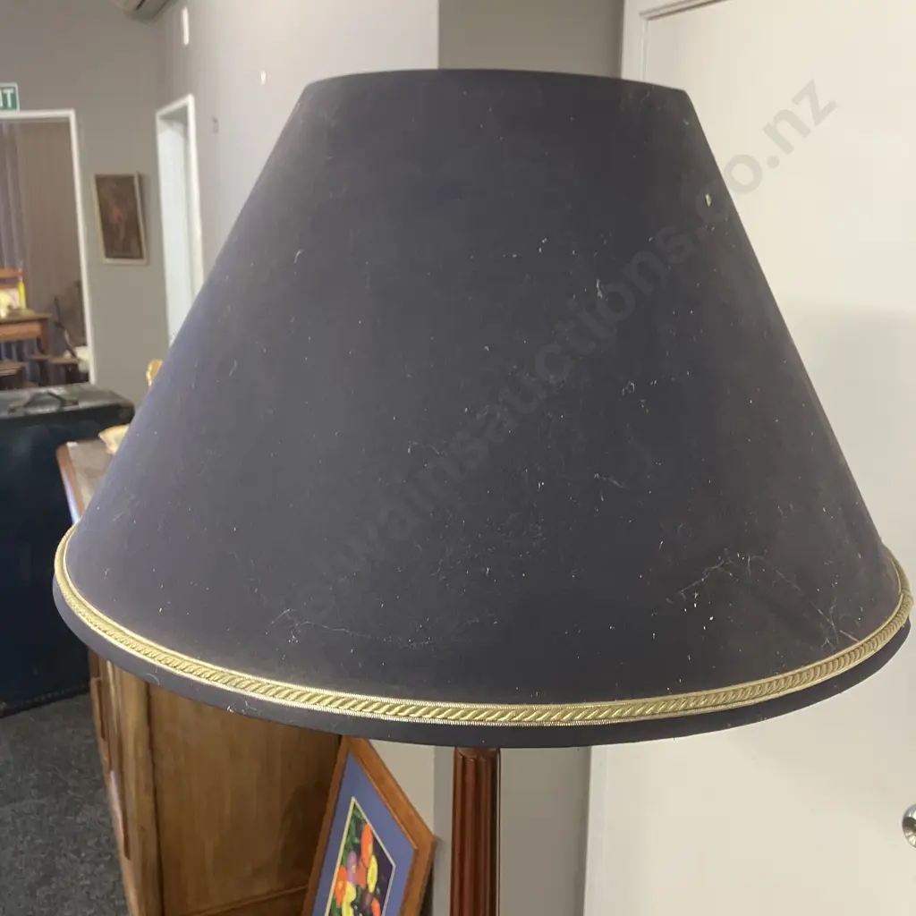 Mahogany Floor Lamp, Turned With Round Base & Pad Feet, Blue Shade With Gold Braid. H1.8m Image 1++