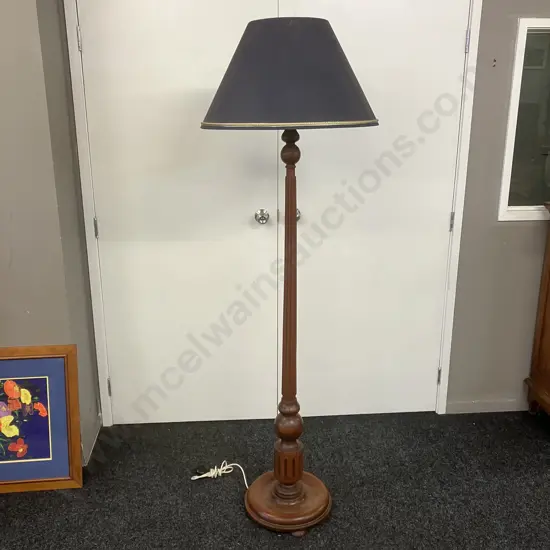 Mahogany Floor Lamp, Turned With Round Base & Pad Feet, Blue Shade With Gold Braid. H1.8m