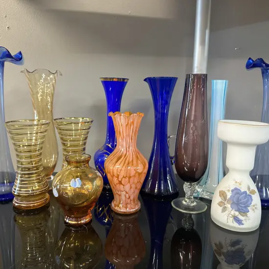 Selection Of Vintage Glass Vases Including Blue Ruffled Collar Etc