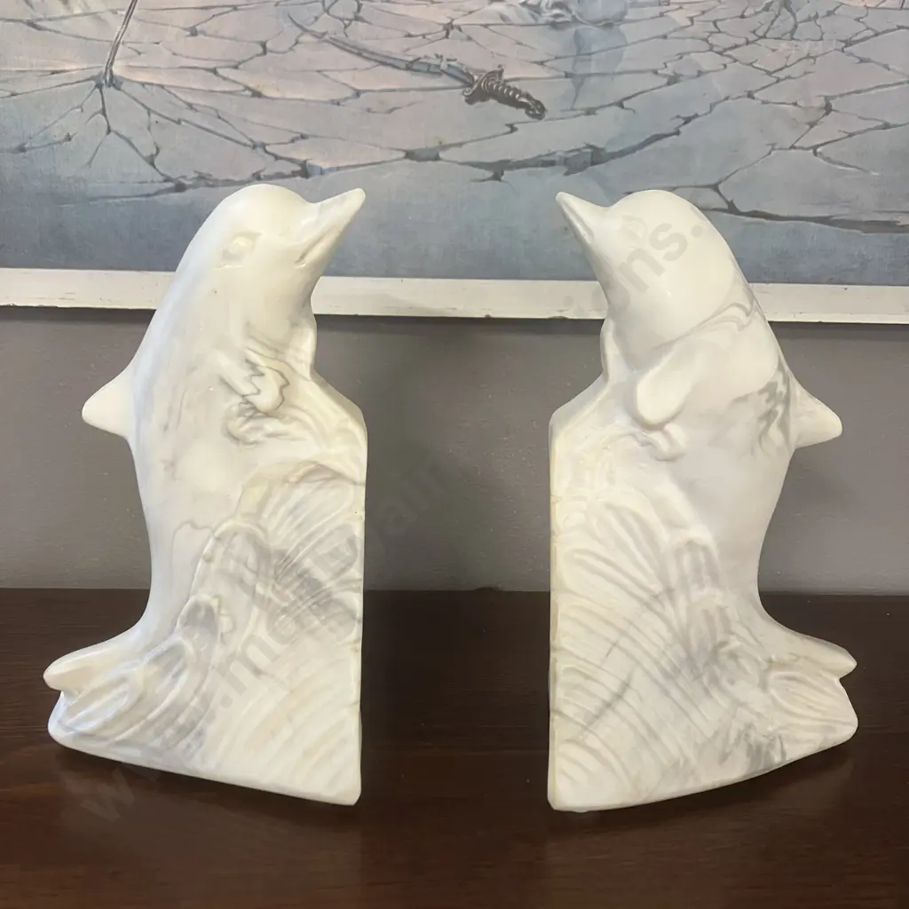 Vintage Marlestone Dolphin Book Ends, Handcrafted Cultured Marble, 1950s Made in NZ, Original Labels At The Base. H16cm. Image 1++
