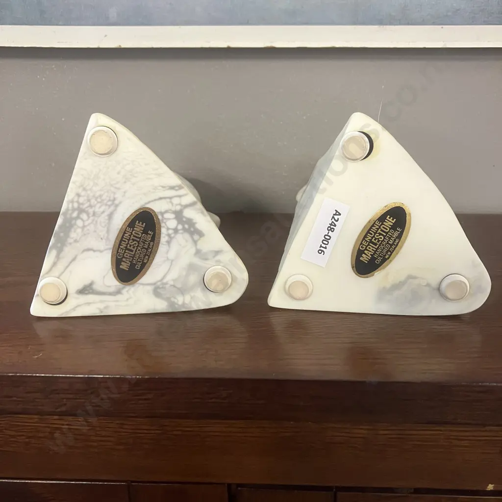 Vintage Marlestone Dolphin Book Ends, Handcrafted Cultured Marble, 1950s Made in NZ, Original Labels At The Base. H16cm. Image 1++