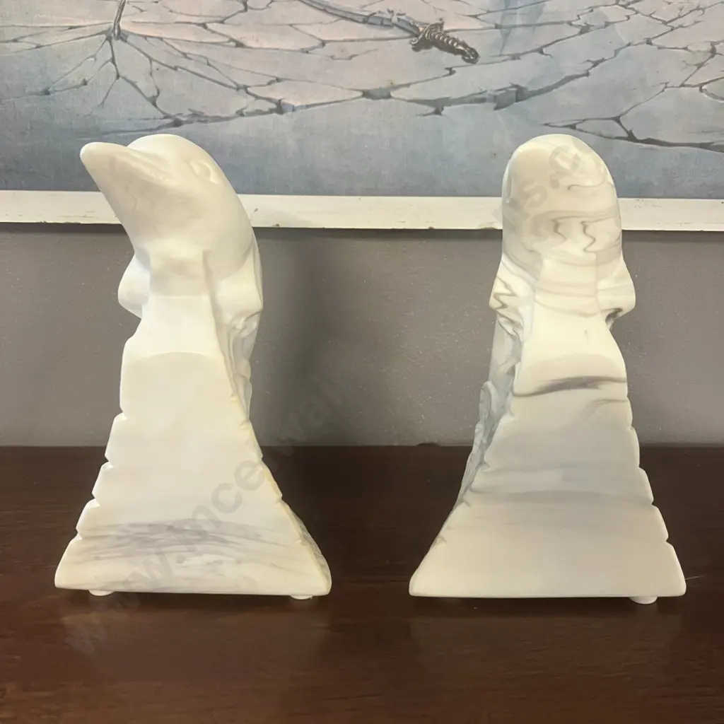 Vintage Marlestone Dolphin Book Ends, Handcrafted Cultured Marble, 1950s Made in NZ, Original Labels At The Base. H16cm. Image 1++