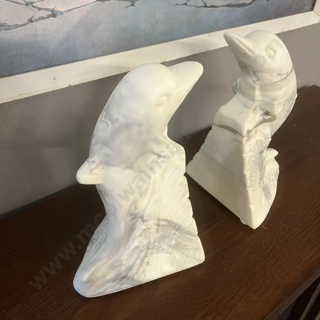 Vintage Marlestone Dolphin Book Ends, Handcrafted Cultured Marble, 1950s Made in NZ, Original Labels At The Base. H16cm. Image 1++