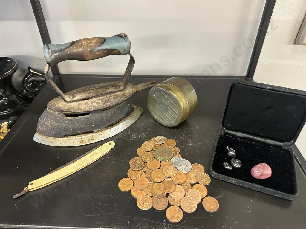 Selection Of Vintage Items Including Iron, Razor, Coins, Pendant Etc Image 1++