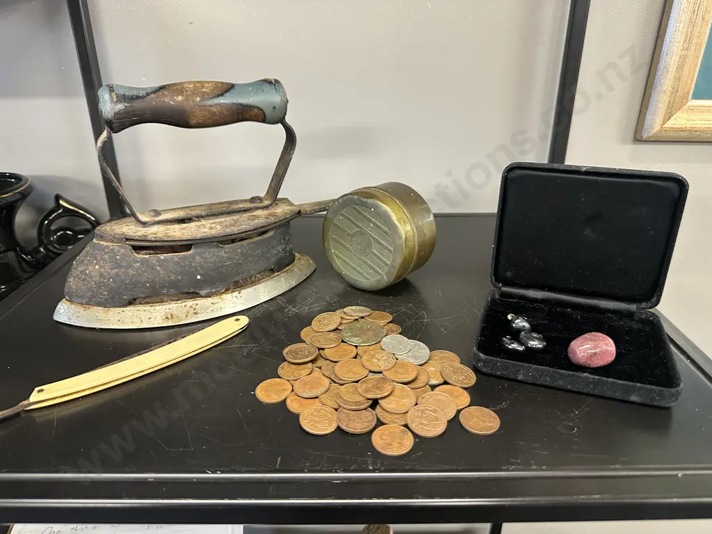 Selection Of Vintage Items Including Iron, Razor, Coins, Pendant Etc Image 1++