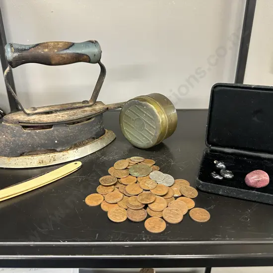 Selection Of Vintage Items Including Iron, Razor, Coins, Pendant Etc