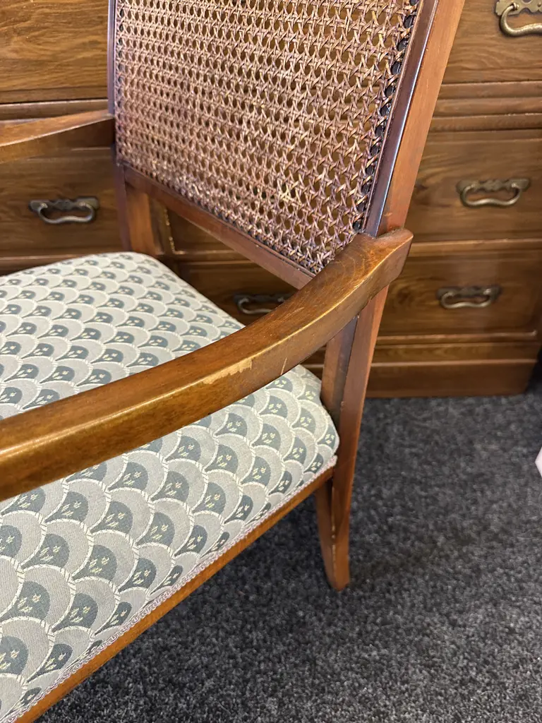 Mahogany Framed Cane Filled Arm Chair Blue/Grey Patterned Upholstery Image 1++