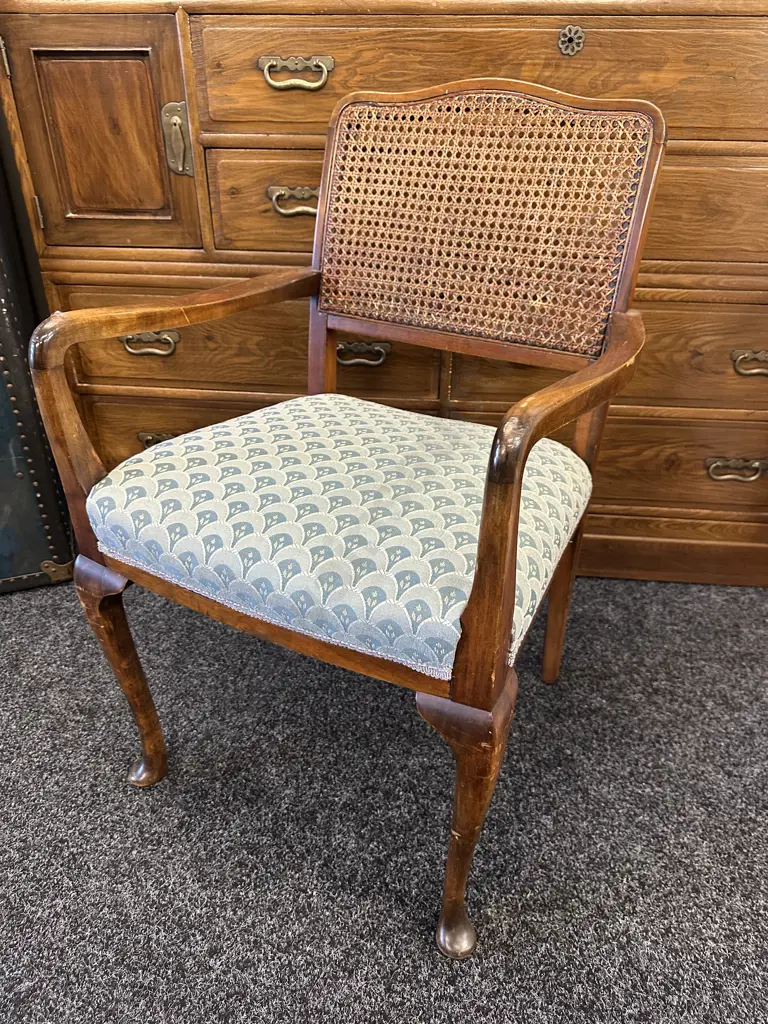 Mahogany Framed Cane Filled Arm Chair Blue/Grey Patterned Upholstery Image 1++