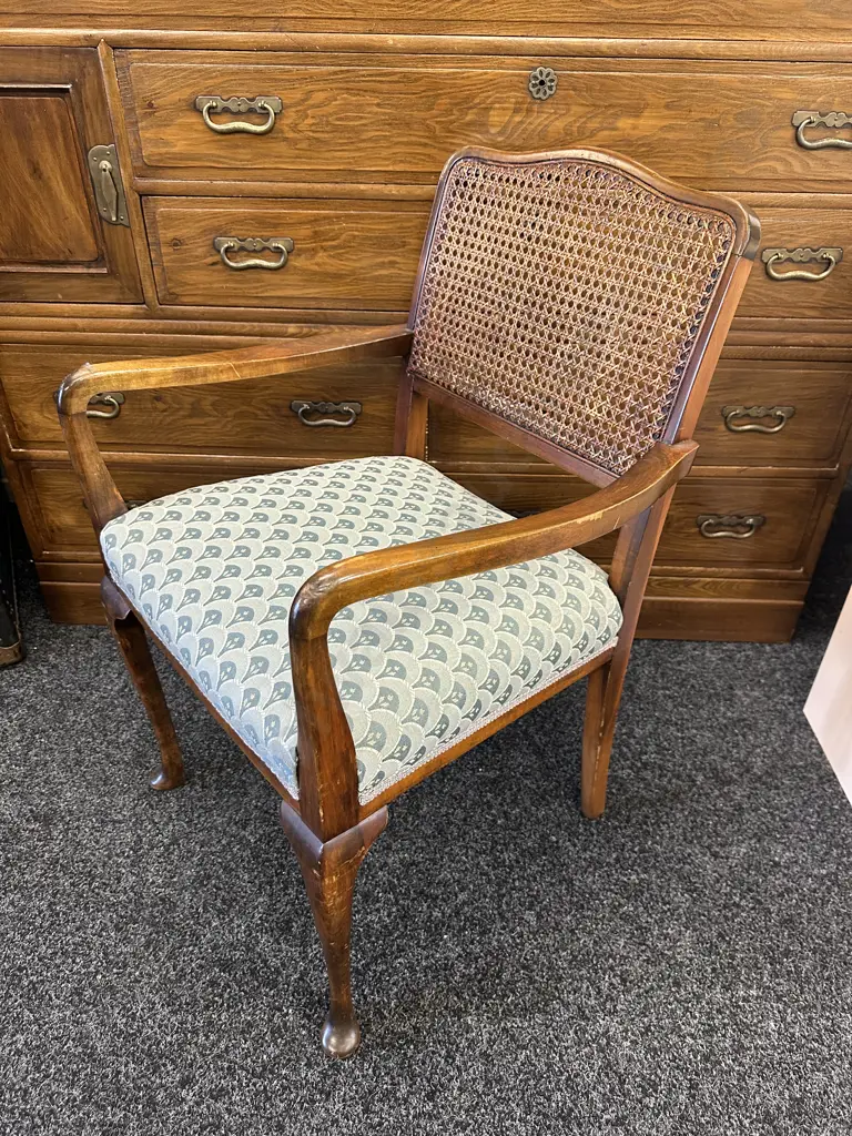 Mahogany Framed Cane Filled Arm Chair Blue/Grey Patterned Upholstery Image 1++