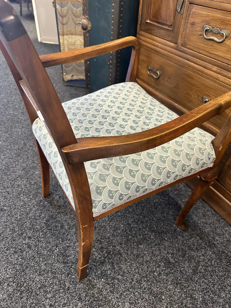 Mahogany Framed Cane Filled Arm Chair Blue/Grey Patterned Upholstery Image 1++
