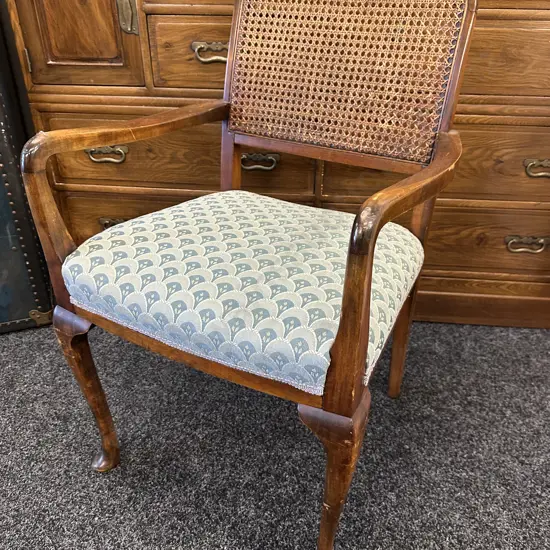 Mahogany Framed Cane Filled Arm Chair Blue/Grey Patterned Upholstery
