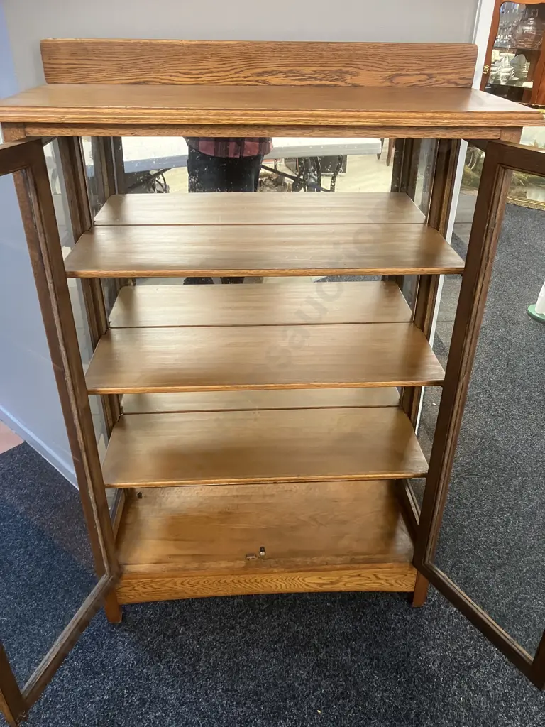 Art Deco Oak Double Glass Door Curio / Display Cabinet With Key, Mirror Backed, Adjustable Shelves. H127 W87 D35cm Image 1++