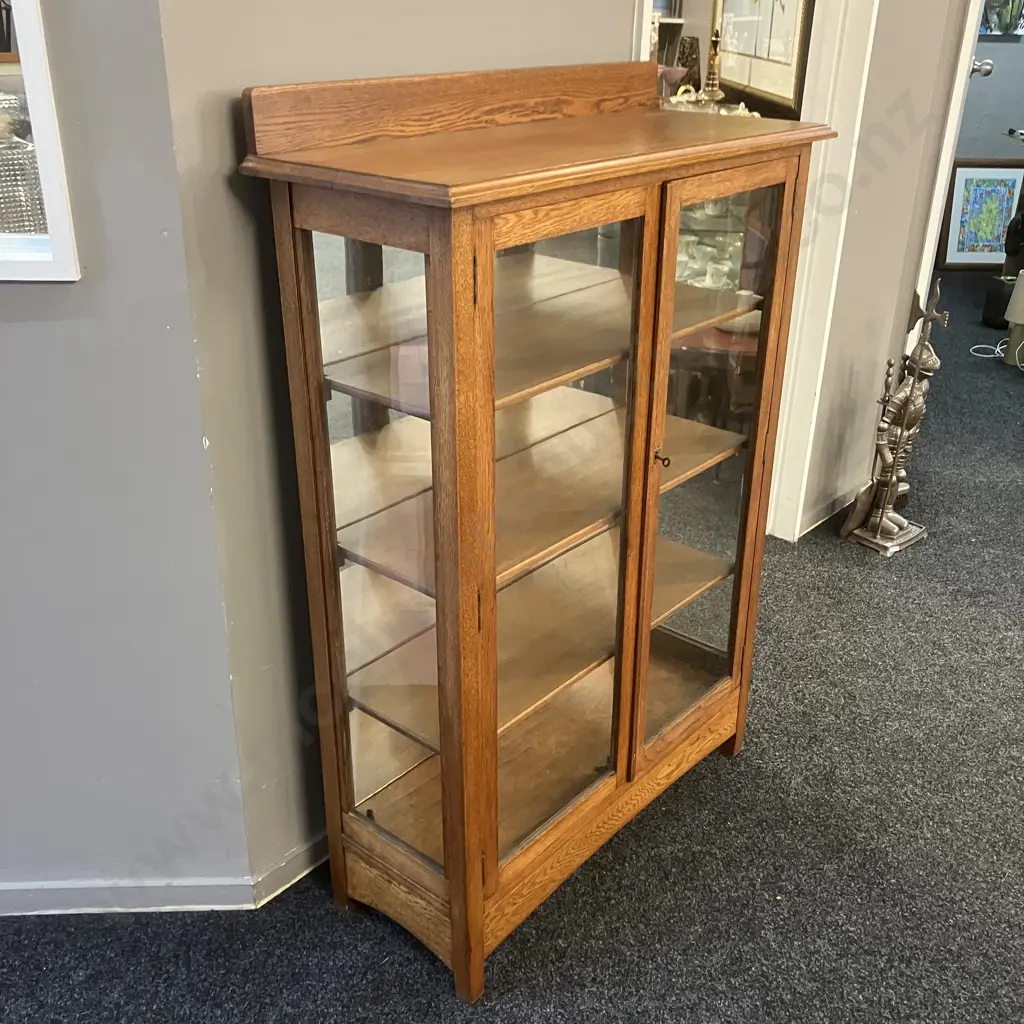 Art Deco Oak Double Glass Door Curio / Display Cabinet With Key, Mirror Backed, Adjustable Shelves. H127 W87 D35cm Image 1++