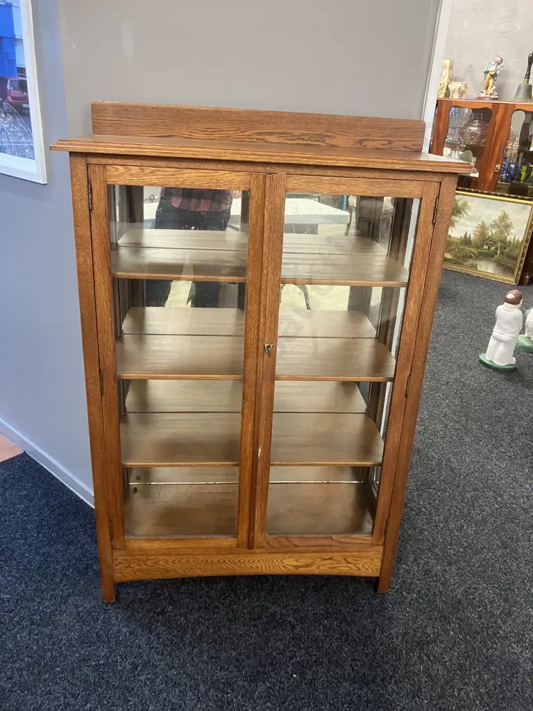 Art Deco Oak Double Glass Door Curio / Display Cabinet With Key, Mirror Backed, Adjustable Shelves. H127 W87 D35cm Image 1++