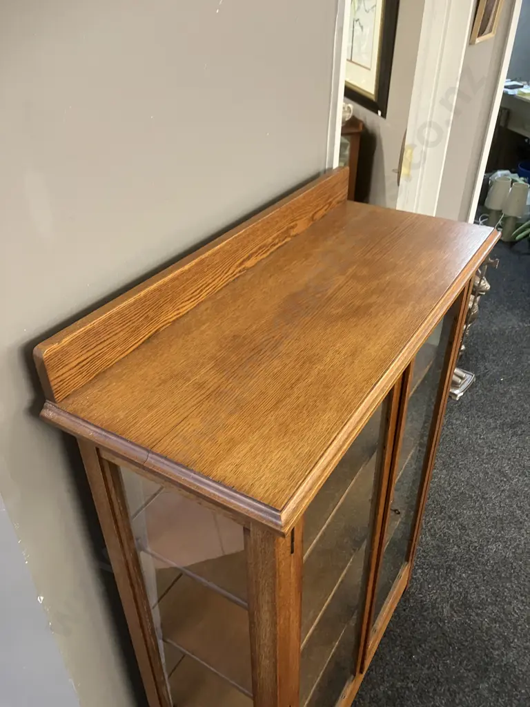 Art Deco Oak Double Glass Door Curio / Display Cabinet With Key, Mirror Backed, Adjustable Shelves. H127 W87 D35cm Image 1++