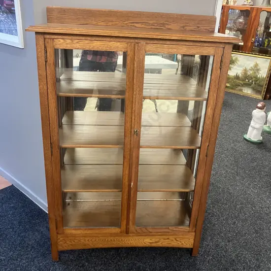 Art Deco Oak Double Glass Door Curio / Display Cabinet With Key, Mirror Backed, Adjustable Shelves. H127 W87 D35cm