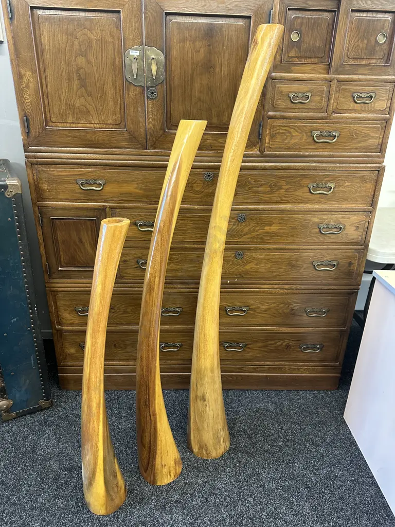 Set Of Three Curved Decorative Candle Holders Graduated Sizes Golden Brown Tones H100,125,150cm. Image 1++