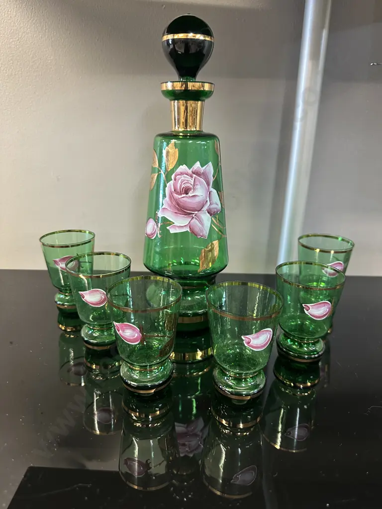 Vintage Green Glass Bohemian Decanter Glass Set Image 1++