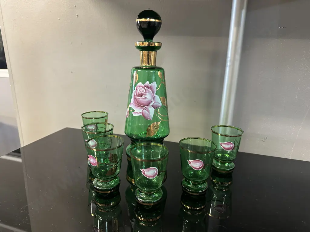 Vintage Green Glass Bohemian Decanter Glass Set Image 1++