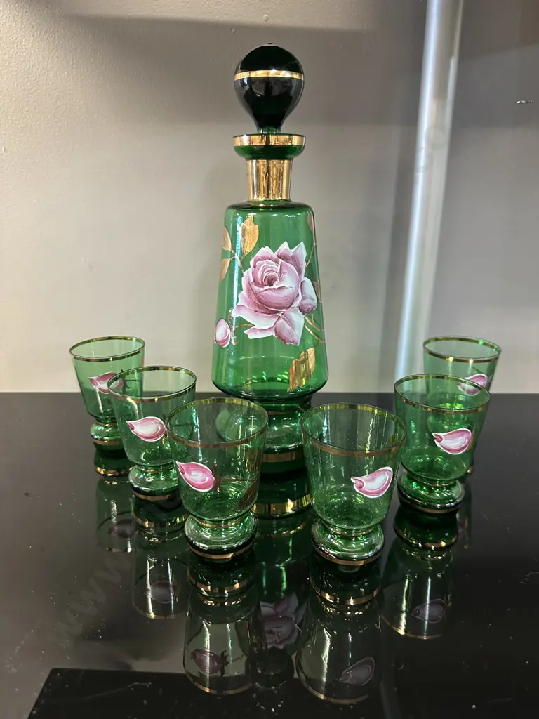 Vintage Green Glass Bohemian Decanter Glass Set Image 1++