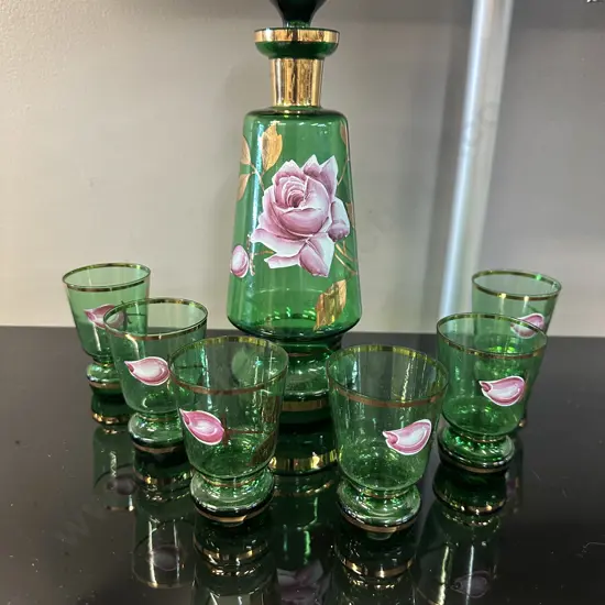 Vintage Green Glass Bohemian Decanter Glass Set