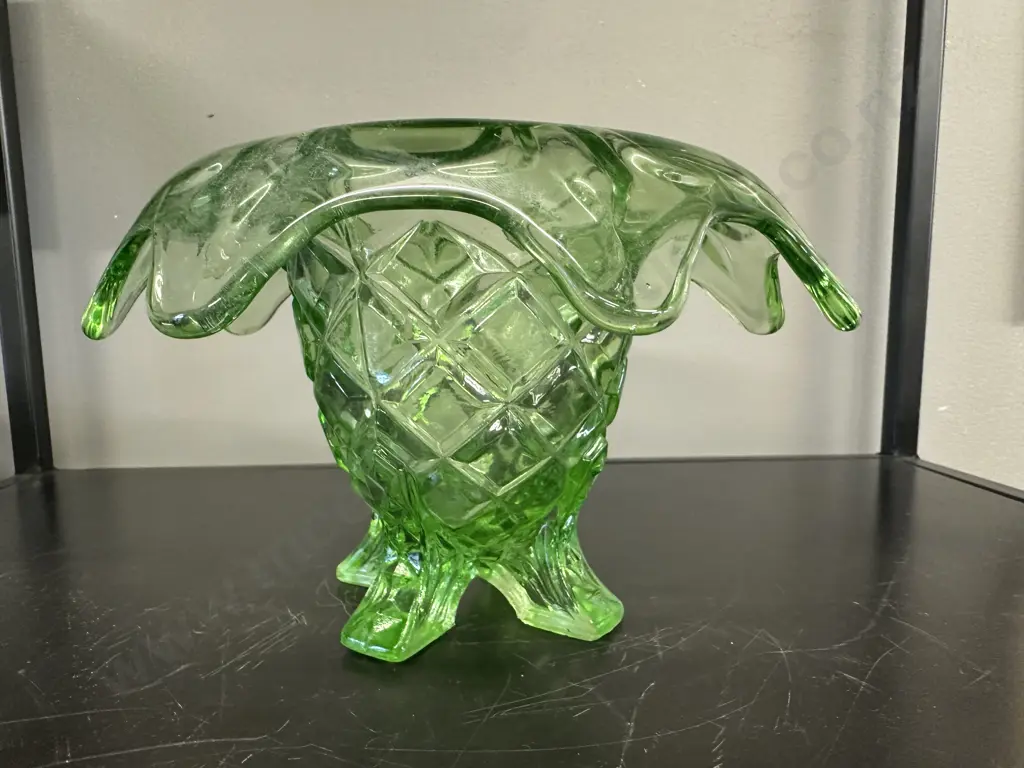 Art Nouveau Four Footed Green Glass Vase H12cm. Image 1++