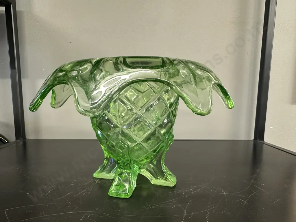 Art Nouveau Four Footed Green Glass Vase H12cm. Image 1++