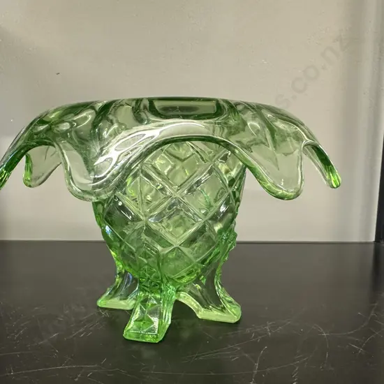 Art Nouveau Four Footed Green Glass Vase H12cm.